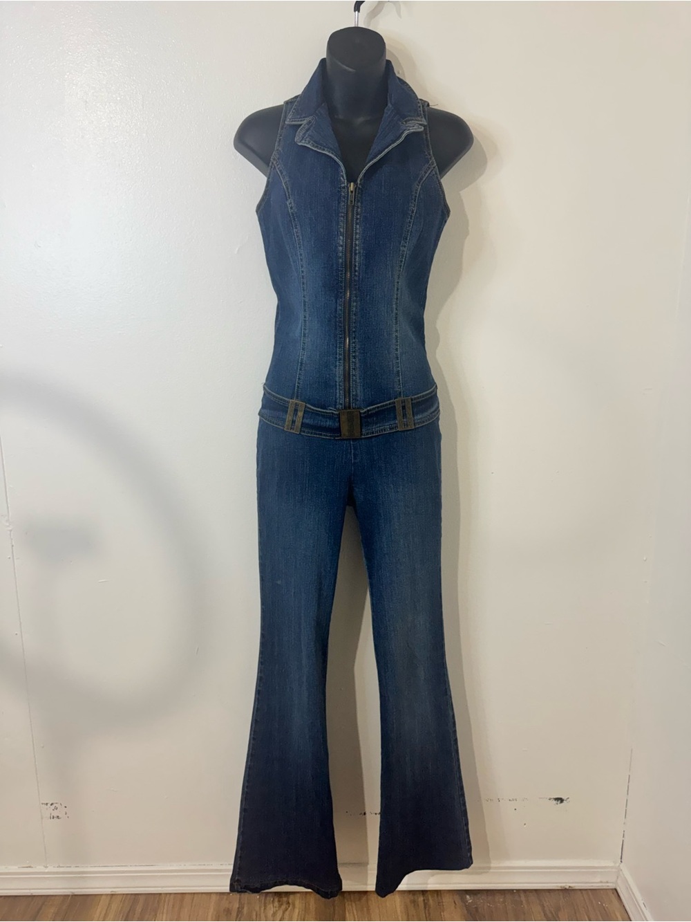 Vintage Forever 21 Denim Jumpsuit Flare Leg Zip Front Belted M